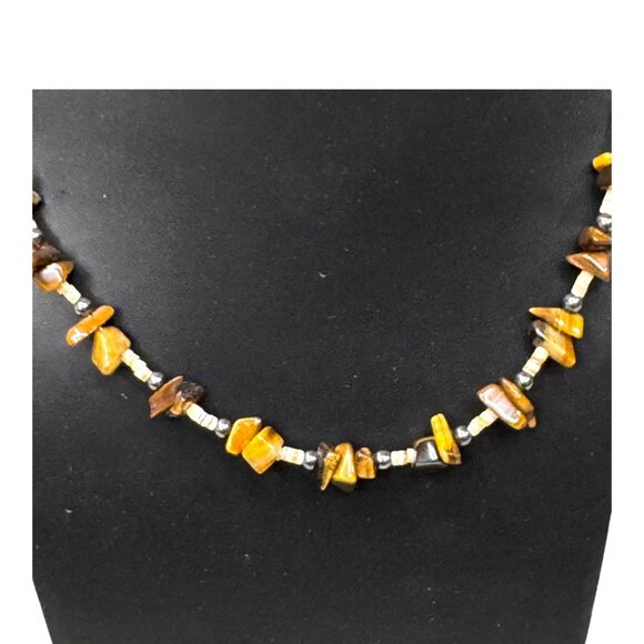 Vintage Heishi Beaded Tigers Eye & Shell Bead Necklace Southwest Barrel Clasp - Picture 2 of 7